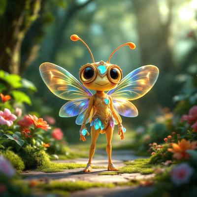 The primary subject of the image is a cartoon-like butterfly, which is the main focus of the scene. The butterfly is standing on a path surrounded by flowers, creating a vibrant and colorful atmosphere. The visual style of the image is digital art, as it appears to be a computer-generated or digitally illustrated scene. The colors and mood of the image are lively and cheerful, with the butterfly and flowers contributing to the overall positive and uplifting ambiance.